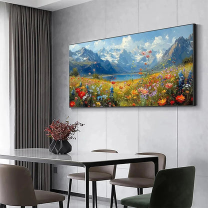 ALPINE MEADOW: Colorful Mountain Landscape Wildflower Painting | gold frame stretched on neutral wall