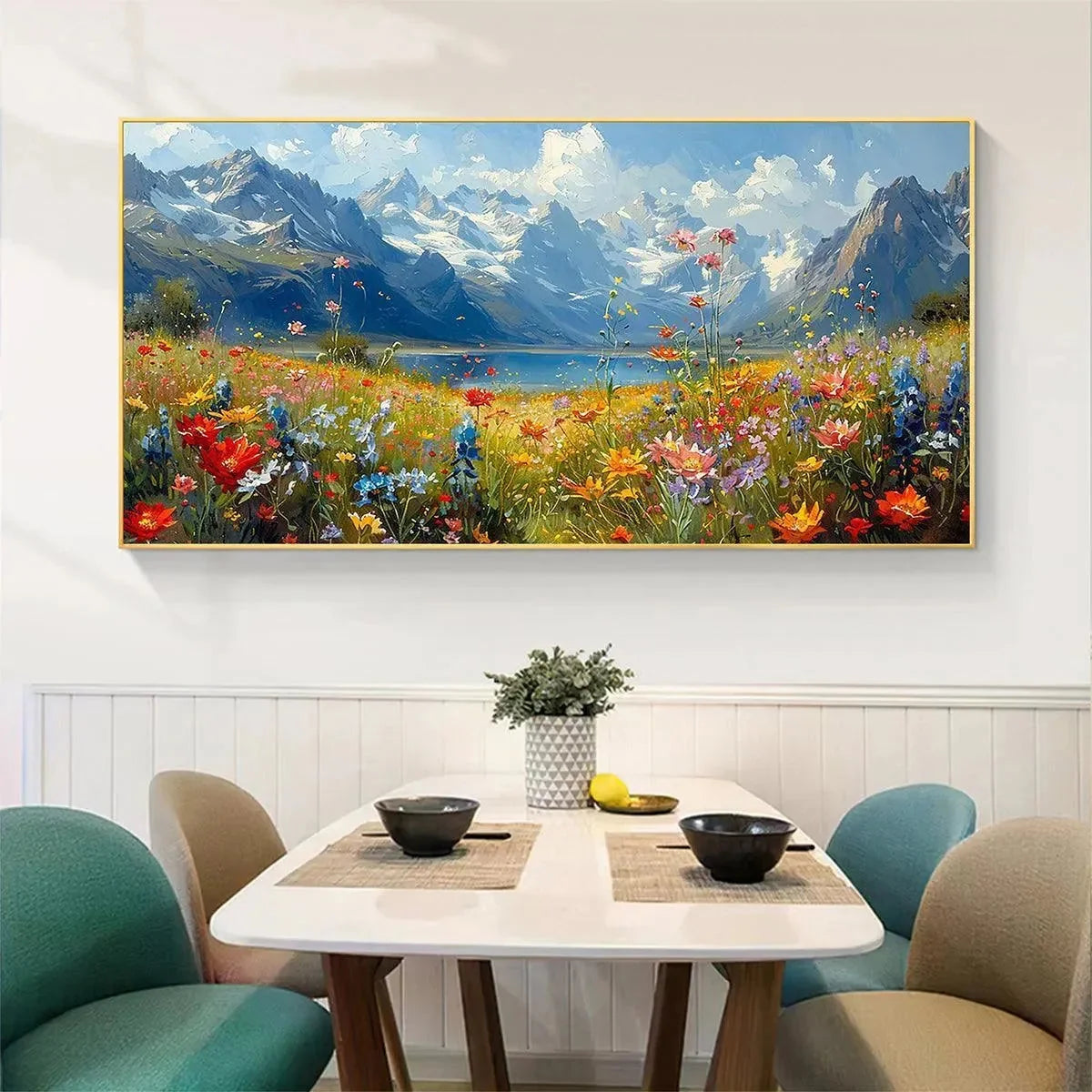 ALPINE MEADOW: Colorful Mountain Landscape Wildflower Painting | rolled canvas, ready for custom framing