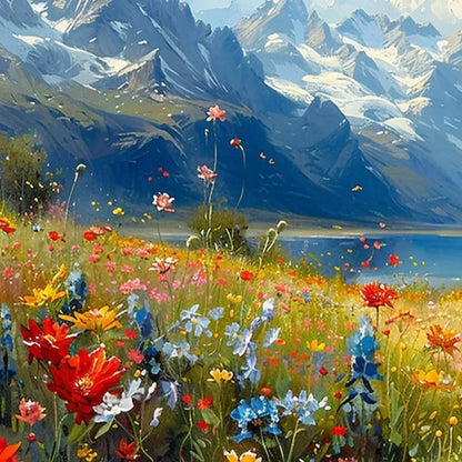 ALPINE MEADOW: Colorful Mountain Landscape Wildflower Painting | black frame version on white wall