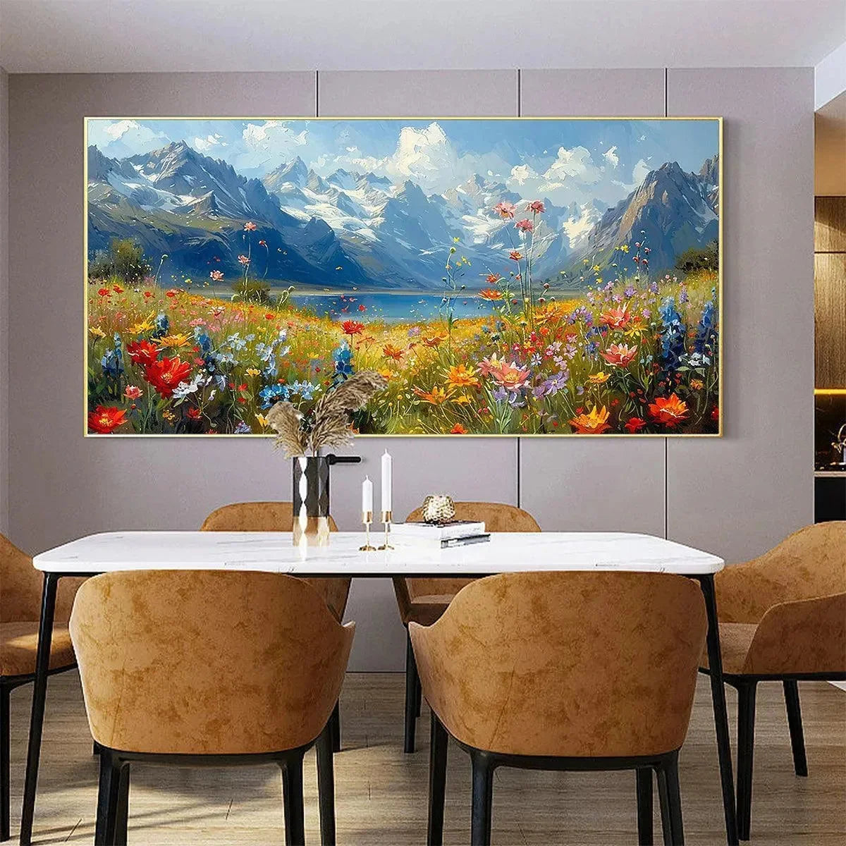 ALPINE MEADOW: Colorful Mountain Landscape Wildflower Painting | textured mood, soft natural light studio shot