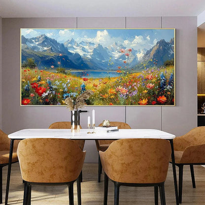 ALPINE MEADOW: Colorful Mountain Landscape Wildflower Painting | textured mood, soft natural light studio shot