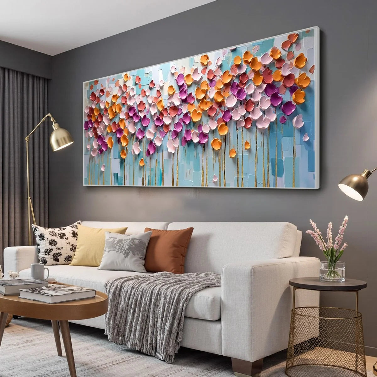 Colorful Petals Oil Painting - Abstract Floral Wall Art | gold frame stretched on neutral wall