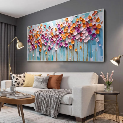 Colorful Petals Oil Painting - Abstract Floral Wall Art | gold frame stretched on neutral wall