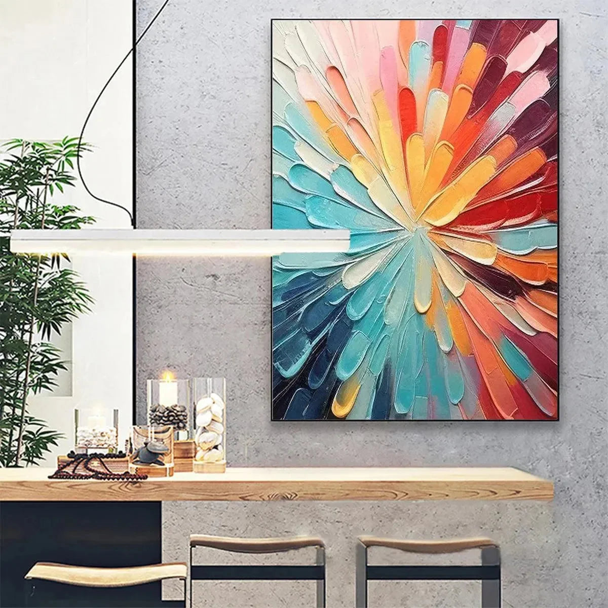 COLORFUL RADIANCE: Abstract Painting in Vibrant Colors | gold frame stretched on neutral wall