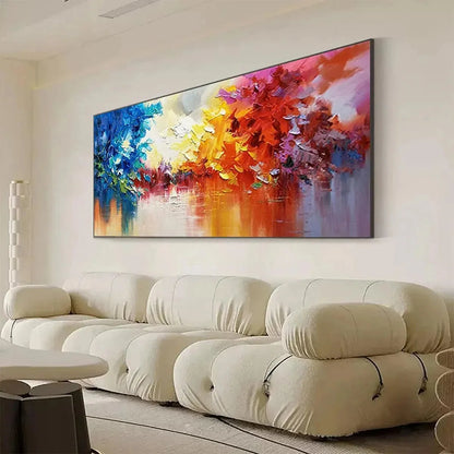 COLORFUL REFLECTIONS: Textured Abstract Landscape Painting | gold frame stretched on neutral wall