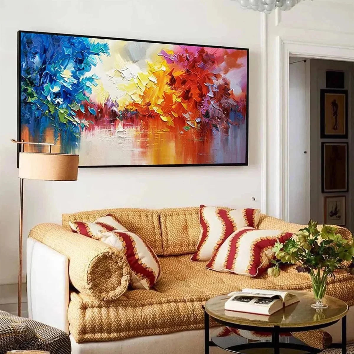 COLORFUL REFLECTIONS: Textured Abstract Landscape Painting | beige palette, original Hand-painted on premium stretched canvas using artist-grade oils; rich layered surface combines smooth gradients...