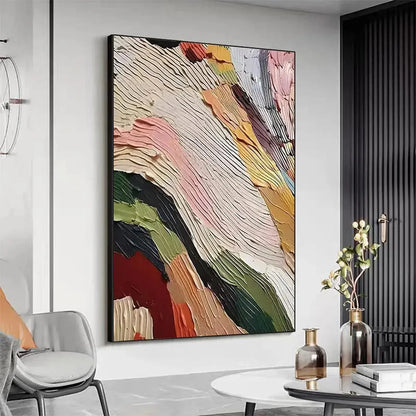 COLORFUL RIDGE: Textured Abstract Painting, Colorful Wall Art, Vertical Canvas, Impasto Decor | gold frame stretched on neutral wall