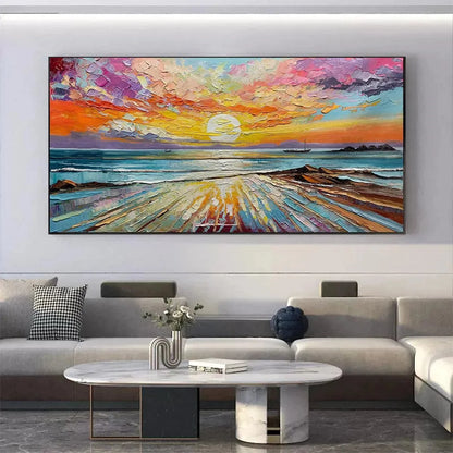 Colorful Seascape Oil Painting - Vibrant Sunset Art | Abstract closeup, raised brushwork detail