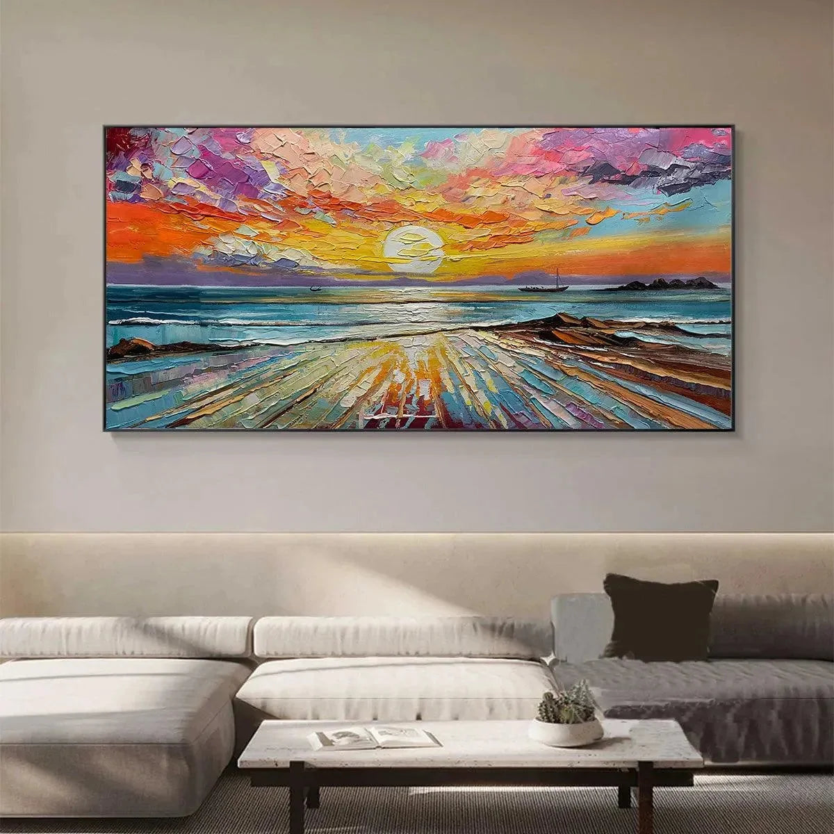 Colorful Seascape Oil Painting - Vibrant Sunset Art | gold frame stretched on neutral wall