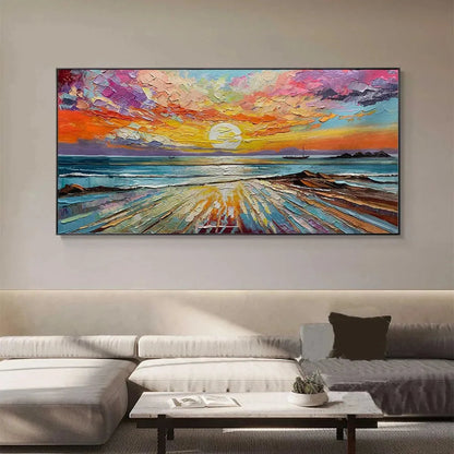 Colorful Seascape Oil Painting - Vibrant Sunset Art | gold frame stretched on neutral wall