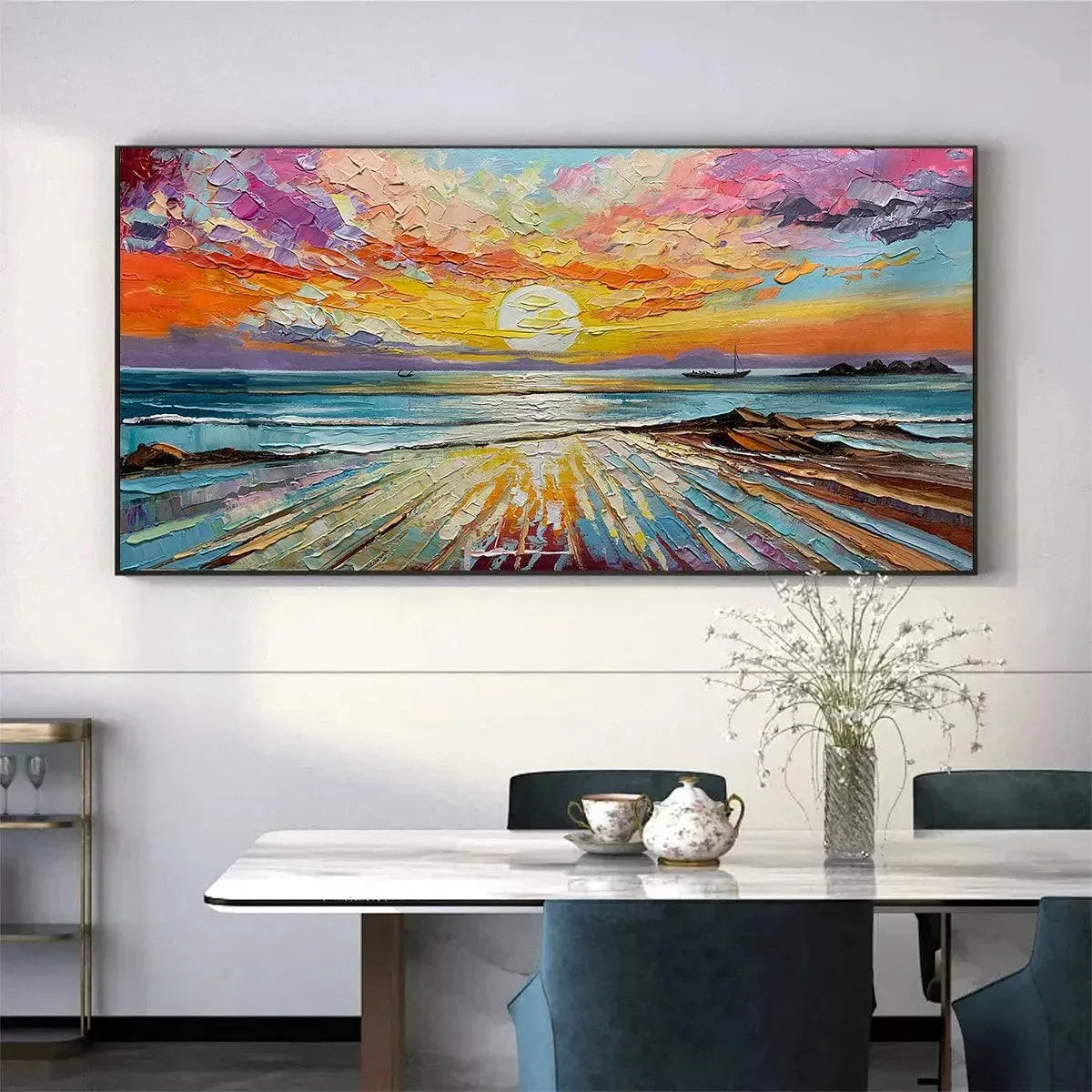 Colorful Seascape Oil Painting - Vibrant Sunset Art | rolled canvas, ready for custom framing
