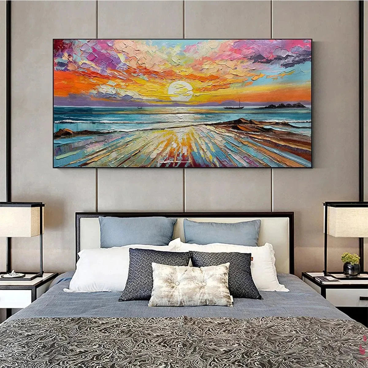 Colorful Seascape Oil Painting - Vibrant Sunset Art | black frame version on white wall