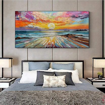 Colorful Seascape Oil Painting - Vibrant Sunset Art | black frame version on white wall