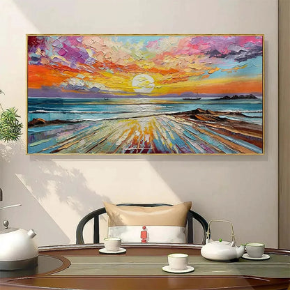 Colorful Seascape Oil Painting - Vibrant Sunset Art | Abstract mood, soft natural light studio shot
