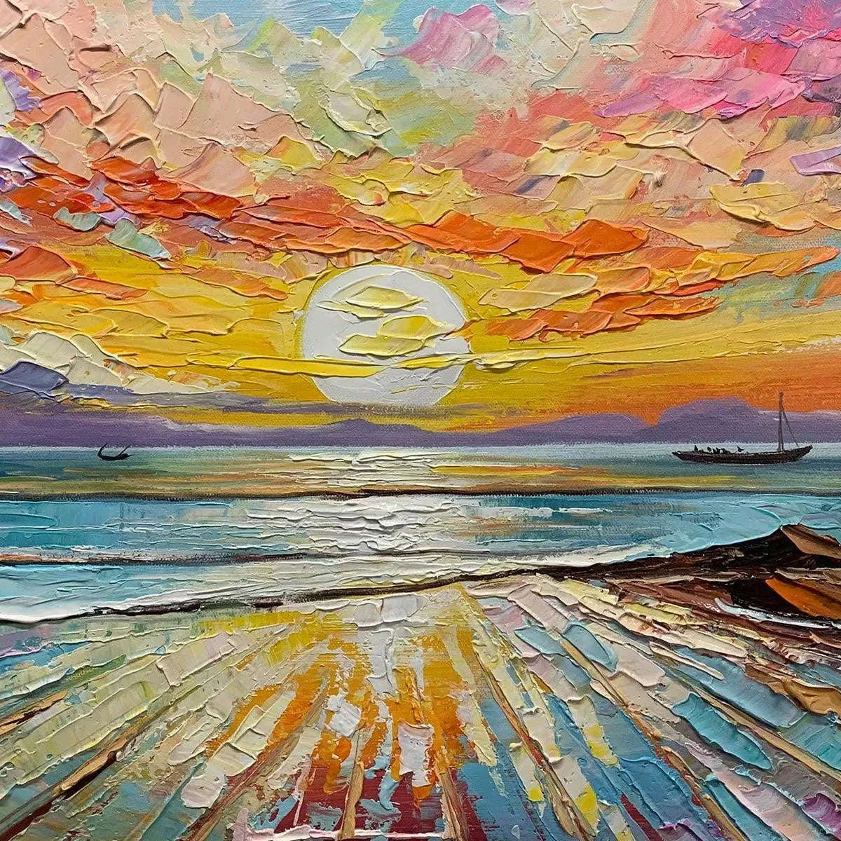 Colorful Seascape Oil Painting - Vibrant Sunset Art | beige palette, original Hand-painted on premium stretched canvas using artist-grade oils; rich layered surface combines smooth gradients with t...