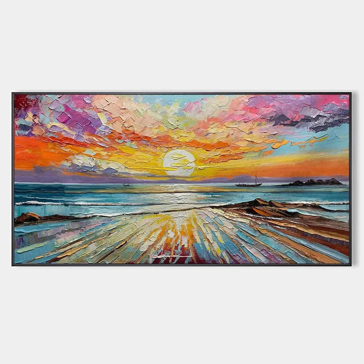 Colorful Seascape Oil Painting - Vibrant Sunset Art | hanging in Colorful Seascape Oil Painting - Vibrant Sunset Art featuring layered textured brushwork in refined tones; abstract composition with...