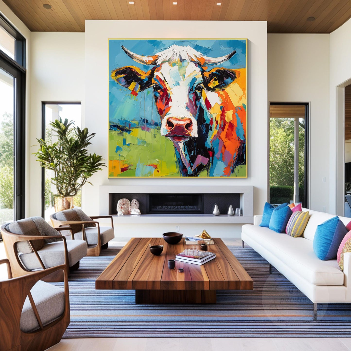 Colorful Textured Cow Painting, Original Oil Painting On Canvas, Extra Large Squ #2