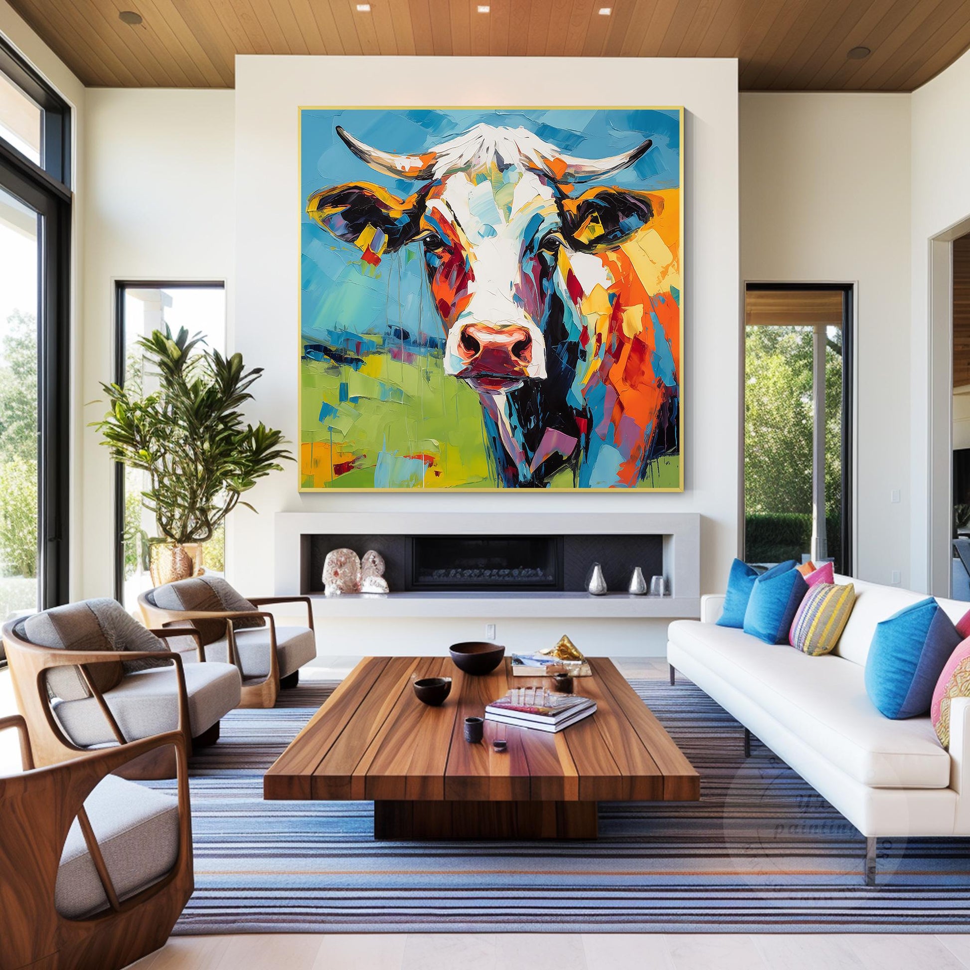 Colorful Textured Cow Painting, Original Oil Painting On Canvas, Extra Large Squ #2