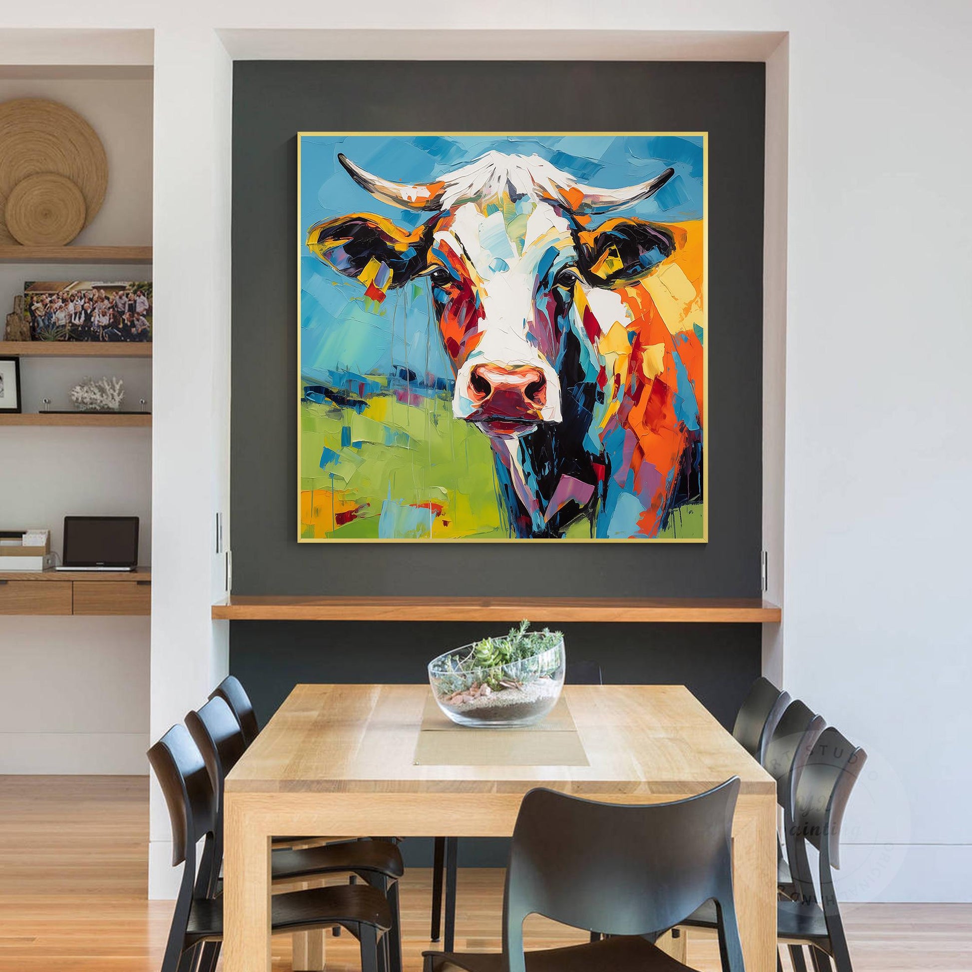 Colorful Textured Cow Painting, Original Oil Painting On Canvas, Extra Large Squ #3