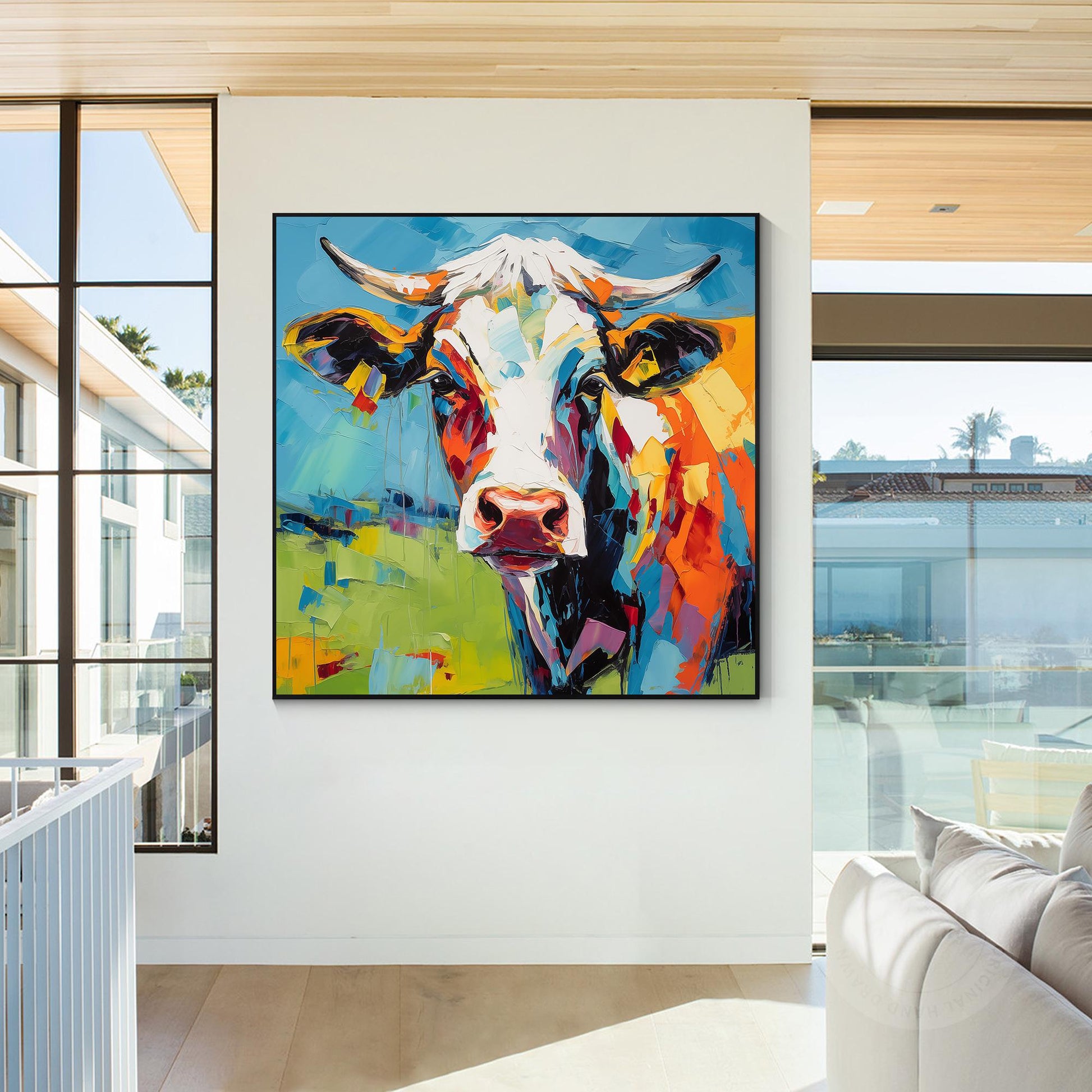 Colorful Textured Cow Painting, Original Oil Painting On Canvas, Extra Large Squ #4