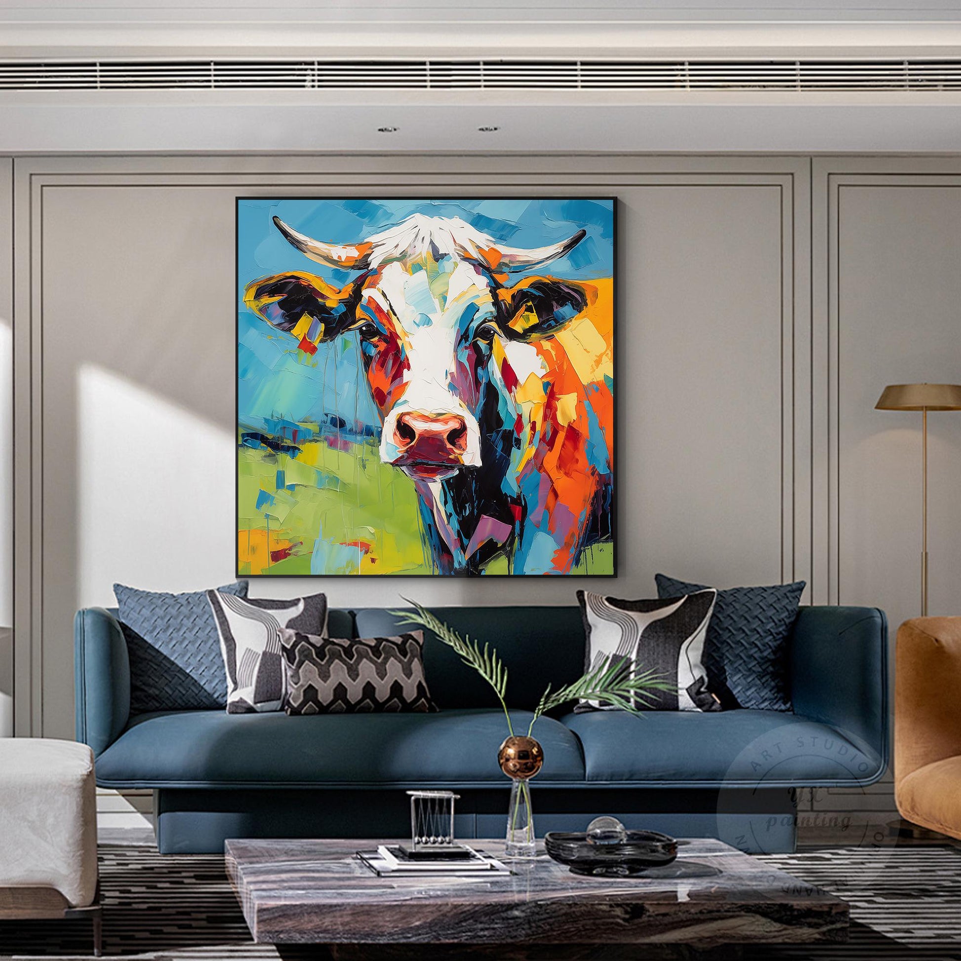Colorful Textured Cow Painting, Original Oil Painting On Canvas, Extra Large Squ #5