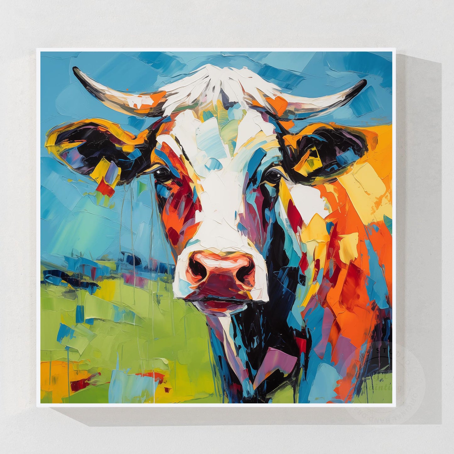 Colorful Textured Cow Painting, Original Oil Painting On Canvas, Extra Large Squ #7