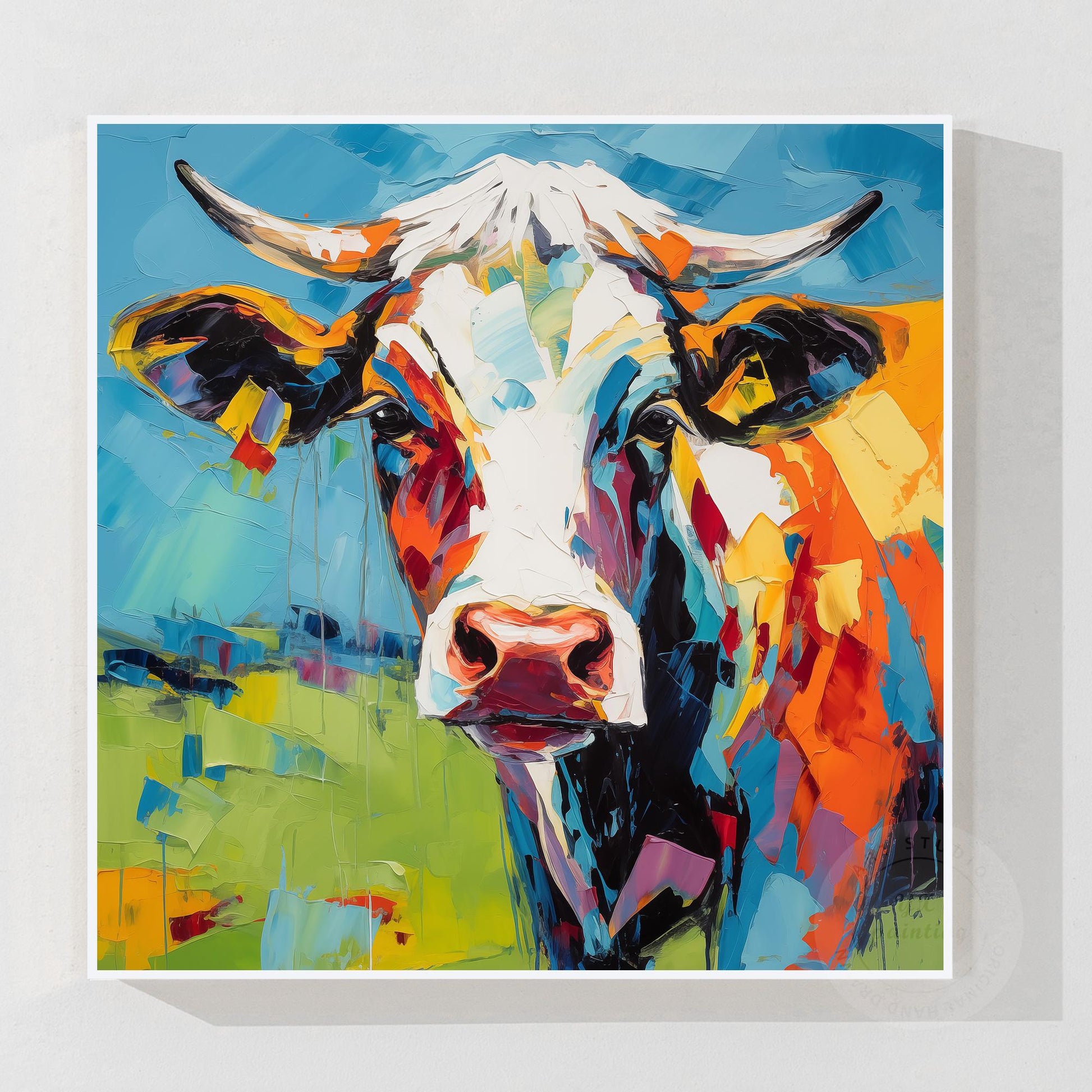 Colorful Textured Cow Painting, Original Oil Painting On Canvas, Extra Large Squ #7