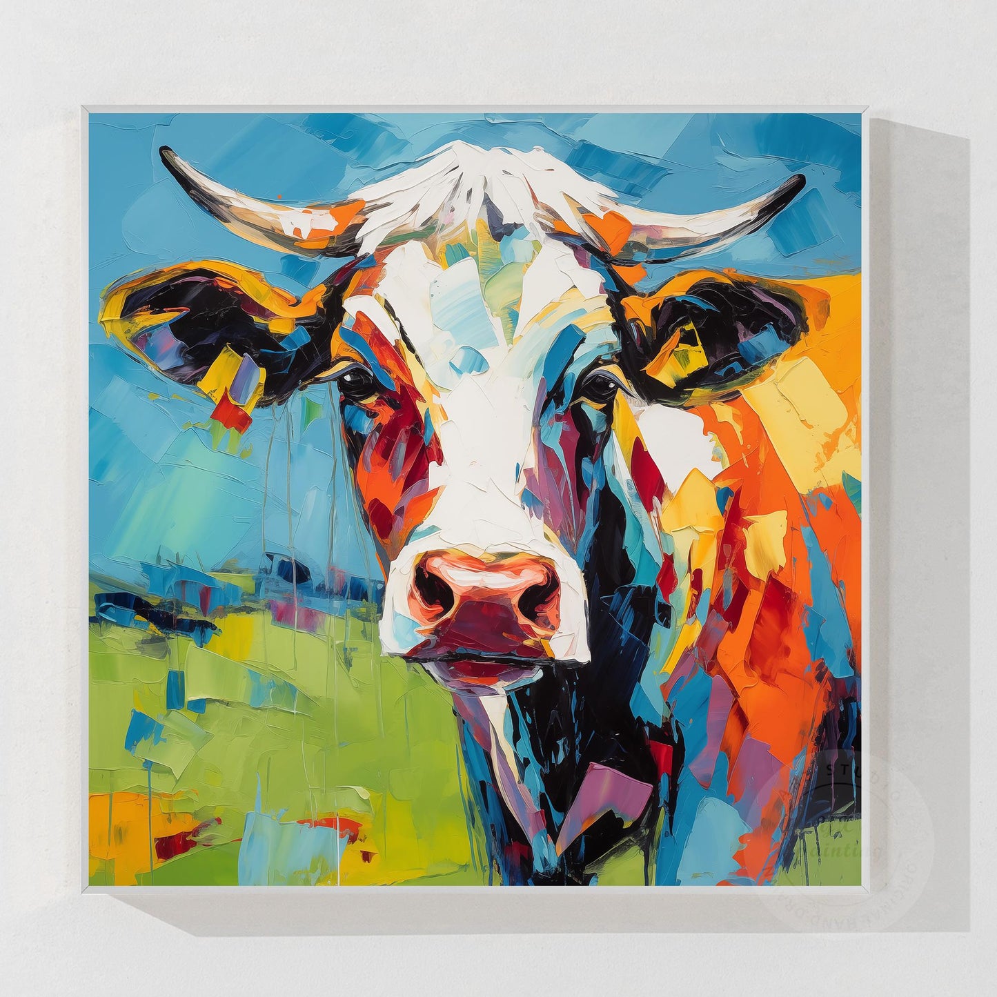 Colorful Textured Cow Painting, Original Oil Painting On Canvas, Extra Large Squ #10