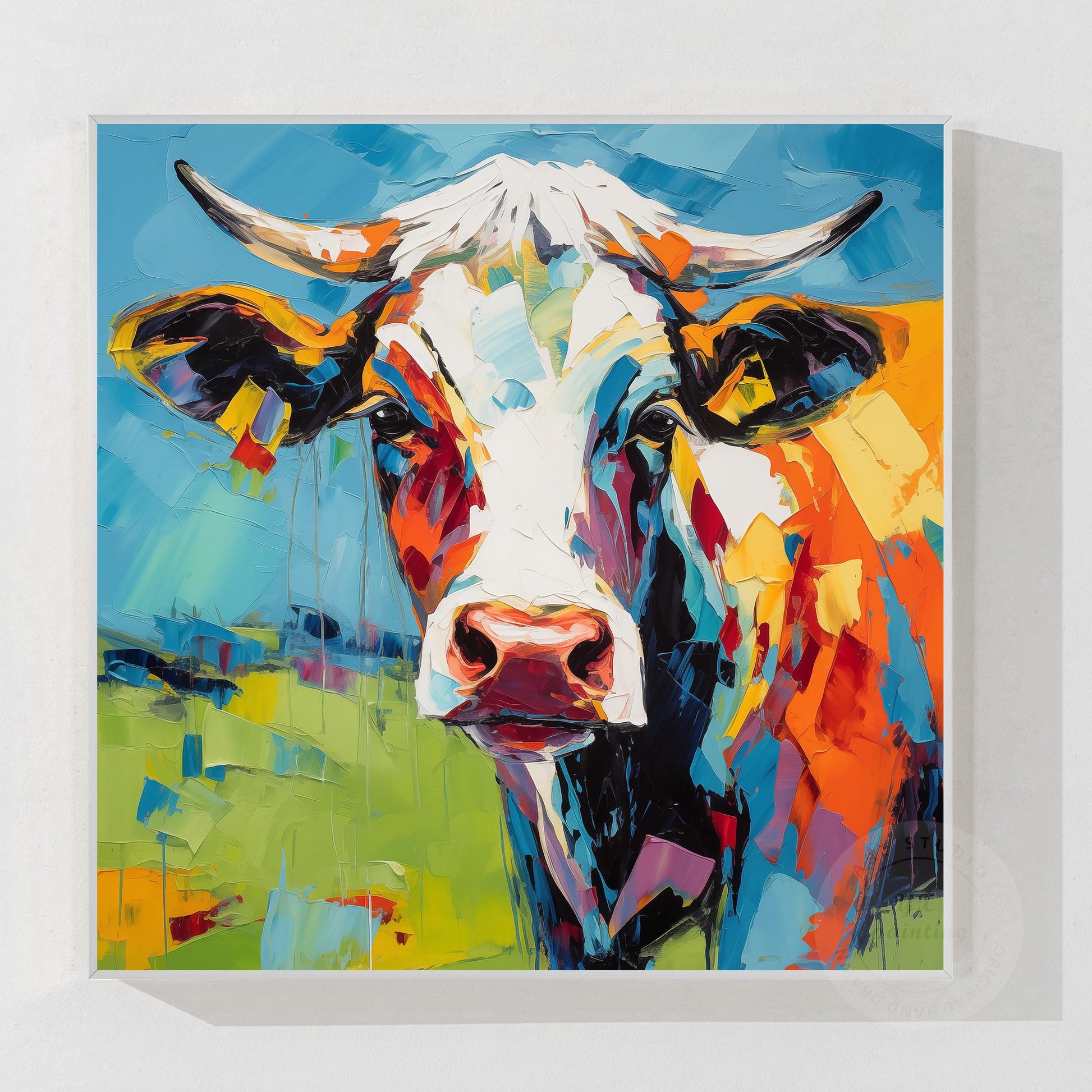 Colorful Textured Cow Painting, Original Oil Painting On Canvas, Extra Large Squ #10