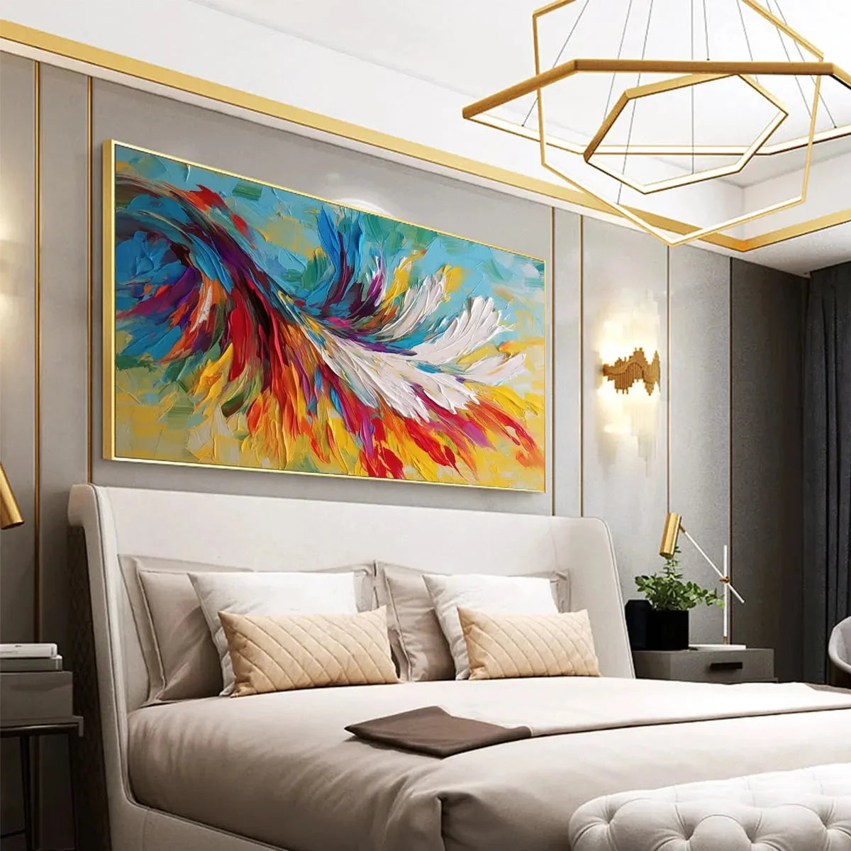 COLORFUL WHIRLWIND: Large Abstract Impasto Oil Painting on Canvas | gold frame stretched on neutral wall