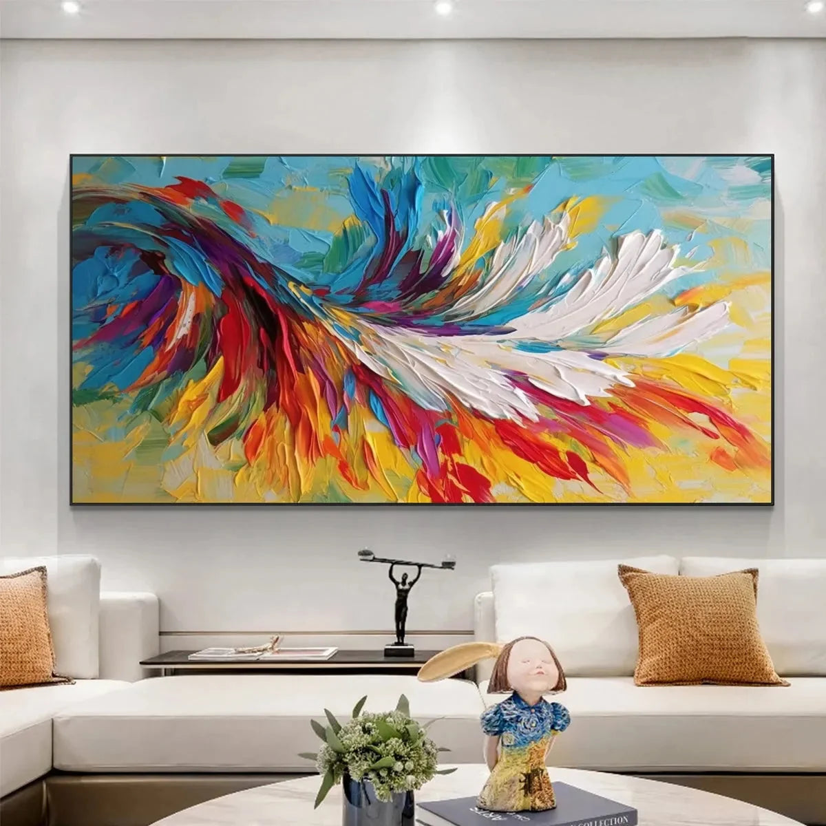 COLORFUL WHIRLWIND: Large Abstract Impasto Oil Painting on Canvas | black frame version on white wall