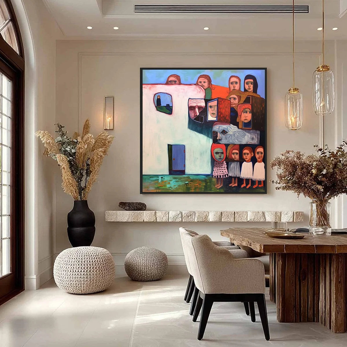 COMMUNITY OF SOULS: Colorful Figurative Portrait Painting | gold frame stretched on neutral wall