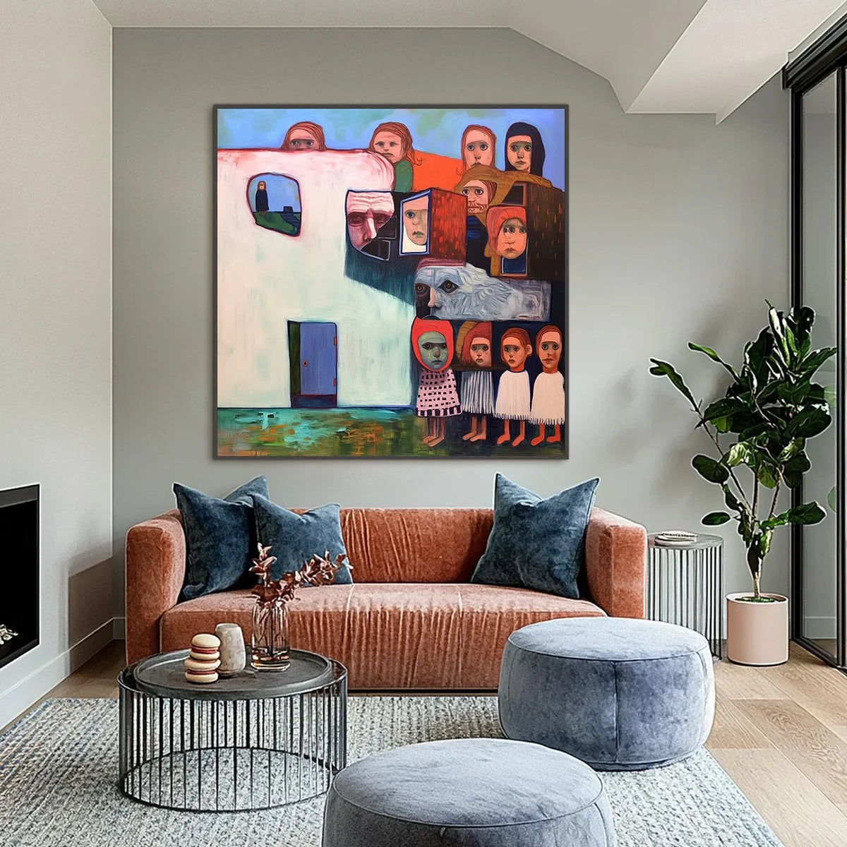 COMMUNITY OF SOULS: Colorful Figurative Portrait Painting | black frame version on white wall