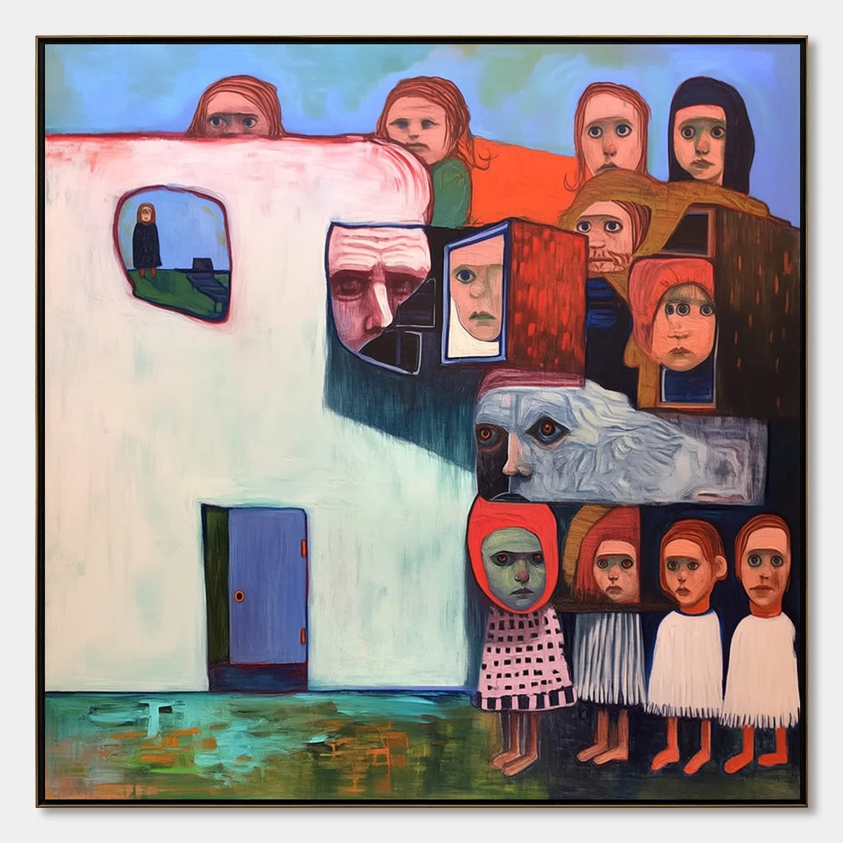COMMUNITY OF SOULS: Colorful Figurative Portrait Painting | hanging in COMMUNITY OF SOULS: Colorful Figurative Portrait Painting featuring layered textured brushwork in refined tones; figurative co...