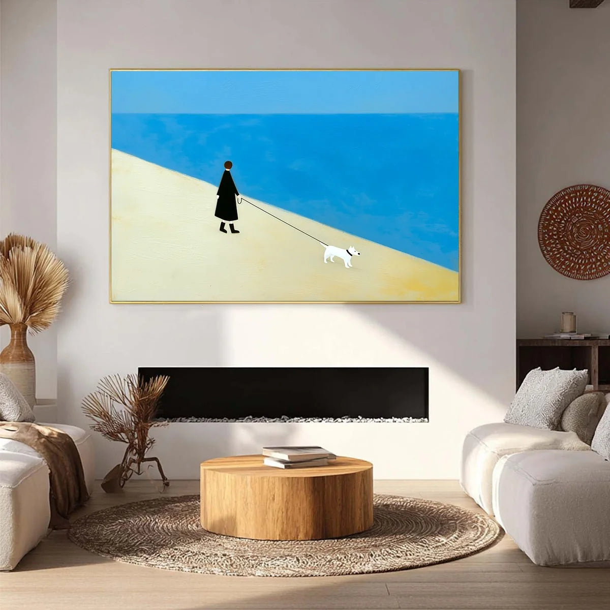 COMPANION: Textured Minimalist Painting of a Seaside Stroll | gold frame stretched on neutral wall