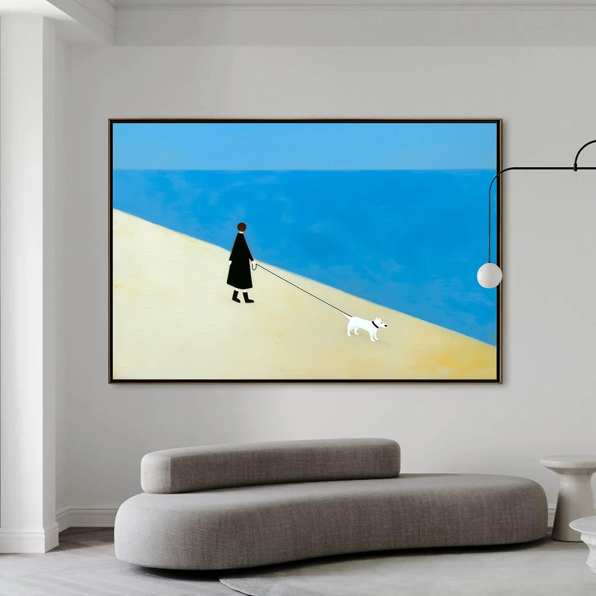 COMPANION: Textured Minimalist Painting of a Seaside Stroll | black frame version on white wall