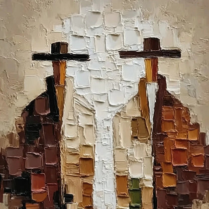 THE COMPANIONS: Heavily Textured Abstract Figurative Impasto Painting | rectangular format, hand-painted canvas edge