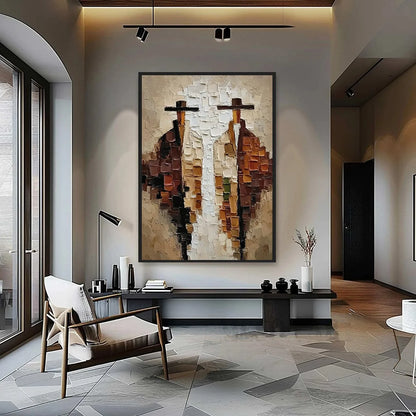 THE COMPANIONS: Heavily Textured Abstract Figurative Impasto Painting | gold frame stretched on neutral wall