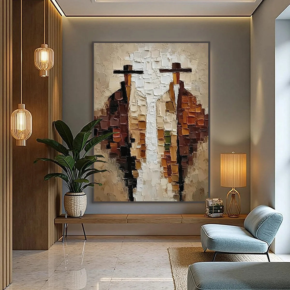 THE COMPANIONS: Heavily Textured Abstract Figurative Impasto Painting | black frame version on white wall
