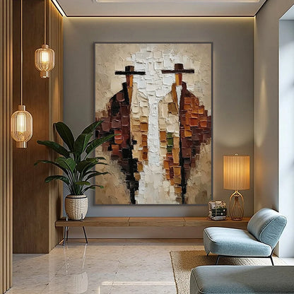 THE COMPANIONS: Heavily Textured Abstract Figurative Impasto Painting | black frame version on white wall