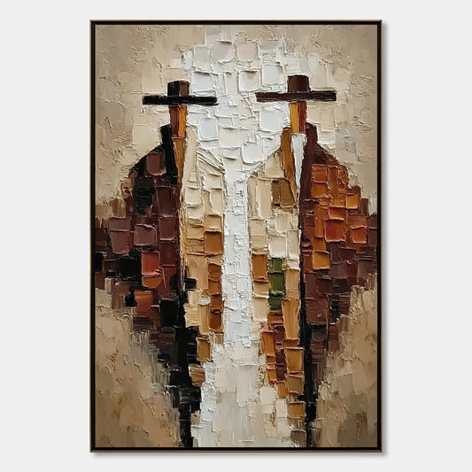 THE COMPANIONS: Heavily Textured Abstract Figurative Impasto Painting | hanging in living room, Figurative wall art