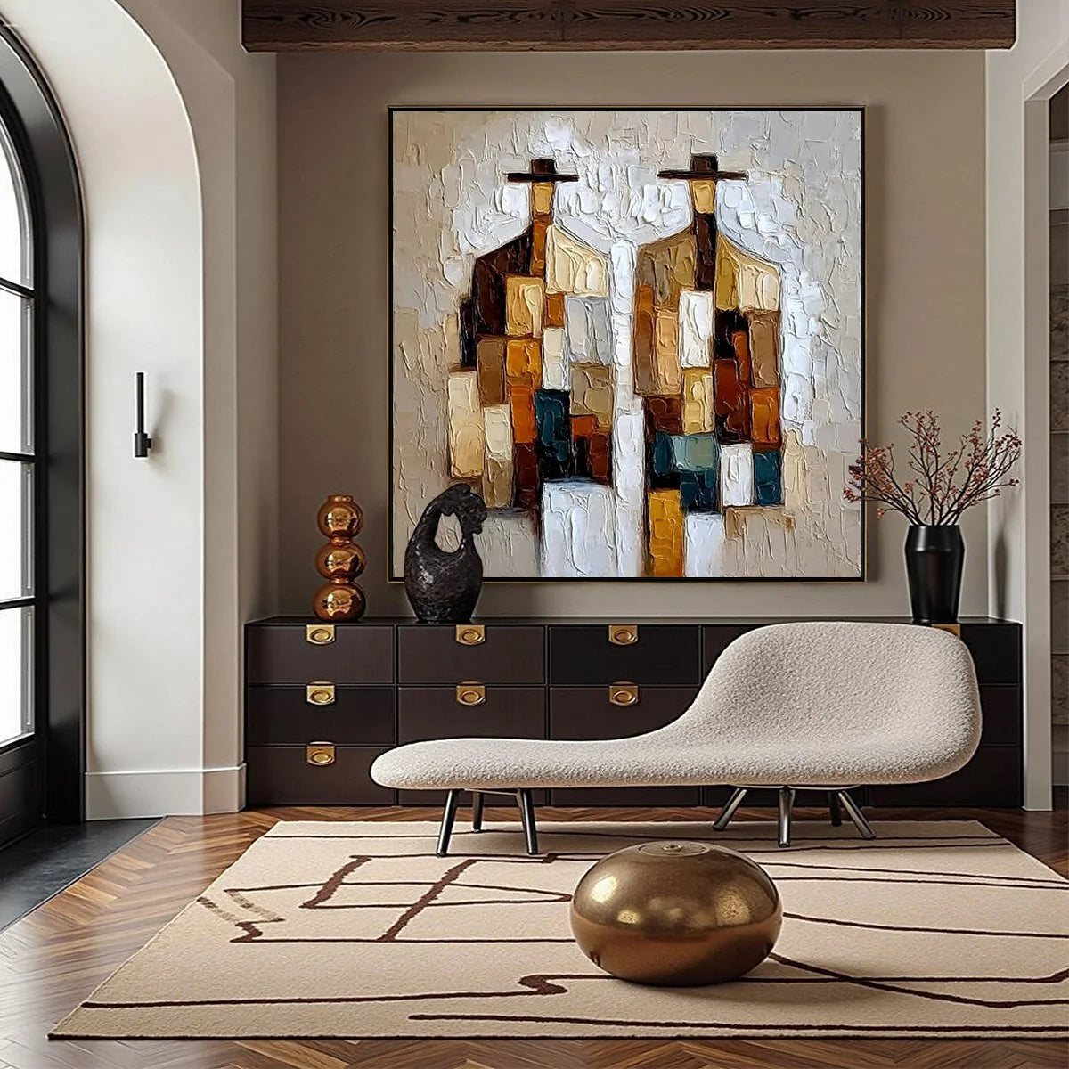 COMPANIONS: Heavy Texture Abstract Figurative Palette Knife Oil Painting | gold frame stretched on neutral wall