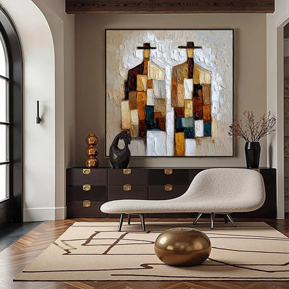 COMPANIONS: Heavy Texture Abstract Figurative Palette Knife Oil Painting | gold frame stretched on neutral wall