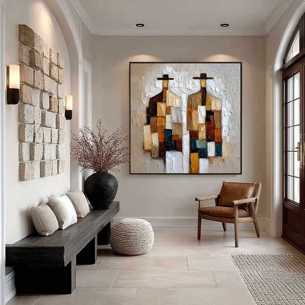 COMPANIONS: Heavy Texture Abstract Figurative Palette Knife Oil Painting | black frame version on white wall