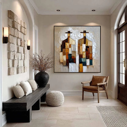 COMPANIONS: Heavy Texture Abstract Figurative Palette Knife Oil Painting | black frame version on white wall