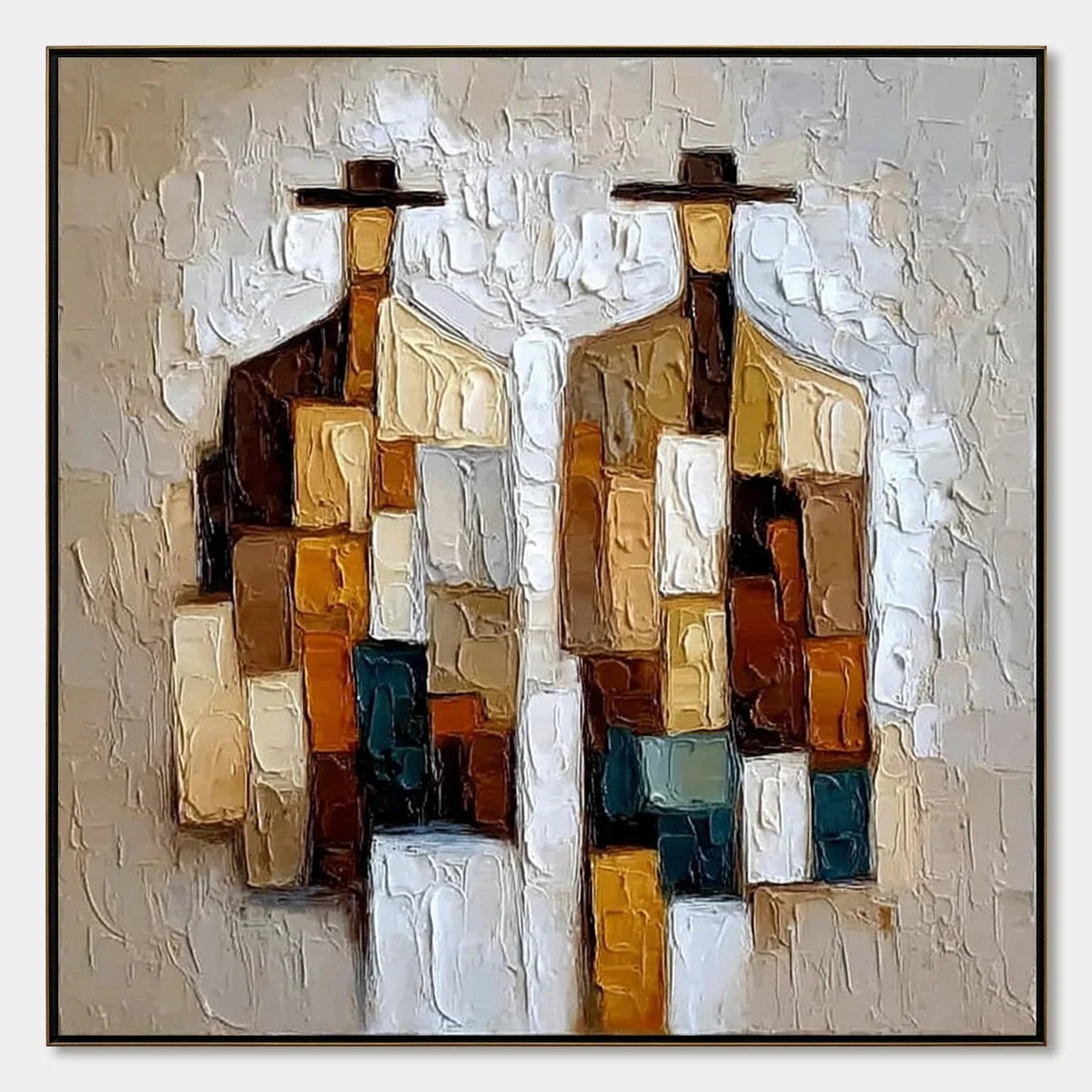 COMPANIONS: Heavy Texture Abstract Figurative Palette Knife Oil Painting | hanging in COMPANIONS: Heavy Texture Abstract Figurative Palette Knife Oil Painting featuring layered textured brushwork i...