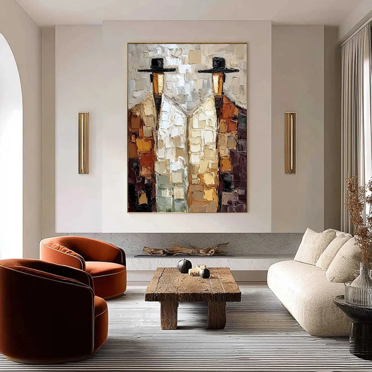 THE COMPANIONS: Textured Abstract Figurative Impasto Oil Painting | gold frame stretched on neutral wall