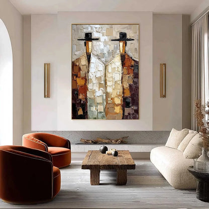 THE COMPANIONS: Textured Abstract Figurative Impasto Oil Painting | gold frame stretched on neutral wall