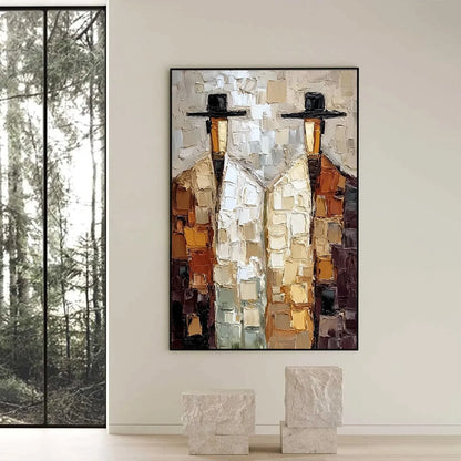 THE COMPANIONS: Textured Abstract Figurative Impasto Oil Painting | black frame version on white wall