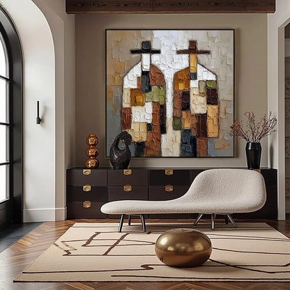 COMPANIONS: Textured Abstract Figurative Impasto Painting | gold frame stretched on neutral wall